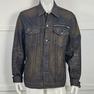 Levis Mens Dirty Wash Denim Trucker Jacket Dark Indigo Brown Tint Size L
